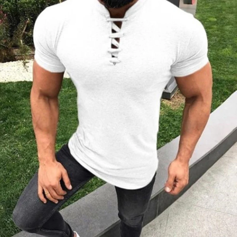 

Summer Men's T Shirt 2019 Men Fitness Casual Short Sleeve T-shirt V Neck Cross Lace Up Fitness Slim Mens Clothing