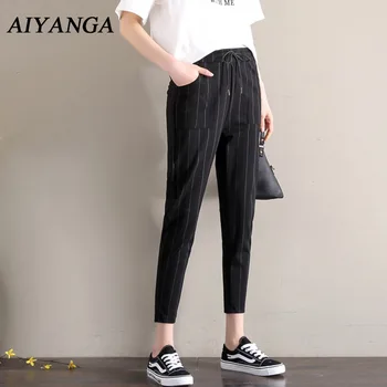 

Casual Striped Suit Pants For Women 2018 Spring Summer Elastic Waist Lace Up Loose Ankle-Length Trousers Female Black S-2XL