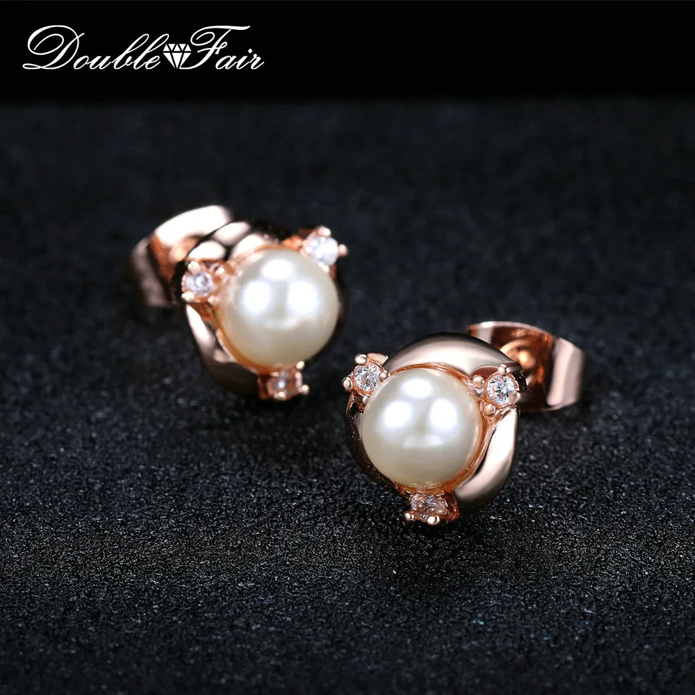 

Double Fair Trendy Simulated Pearl Cubic Zirconia Stud Earrings Rose Gold Color Jewelry For Women Wholesale DFE180