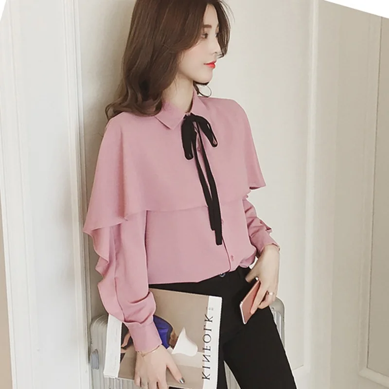 Women Lace up Bow Collar Blouse Lantern Sleeve Solid Color