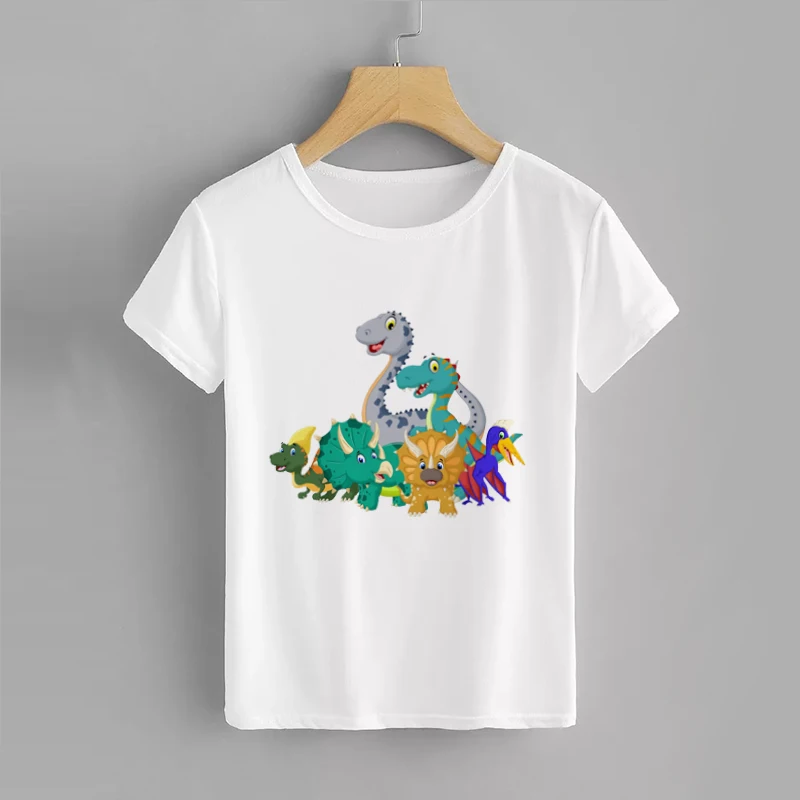 Dinosaur Print Children T-shirts Funny Boys Girls Summer Tops White Short Sleeve T Shirts Cartoon | Детская одежда и обувь