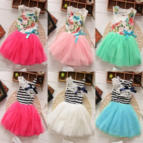 Hot Sale Baby Girls Dress Kids Summer Princess Sleeveless Floral Stripe Tulle Silk Ribbon Lace Bow | Детская одежда и обувь