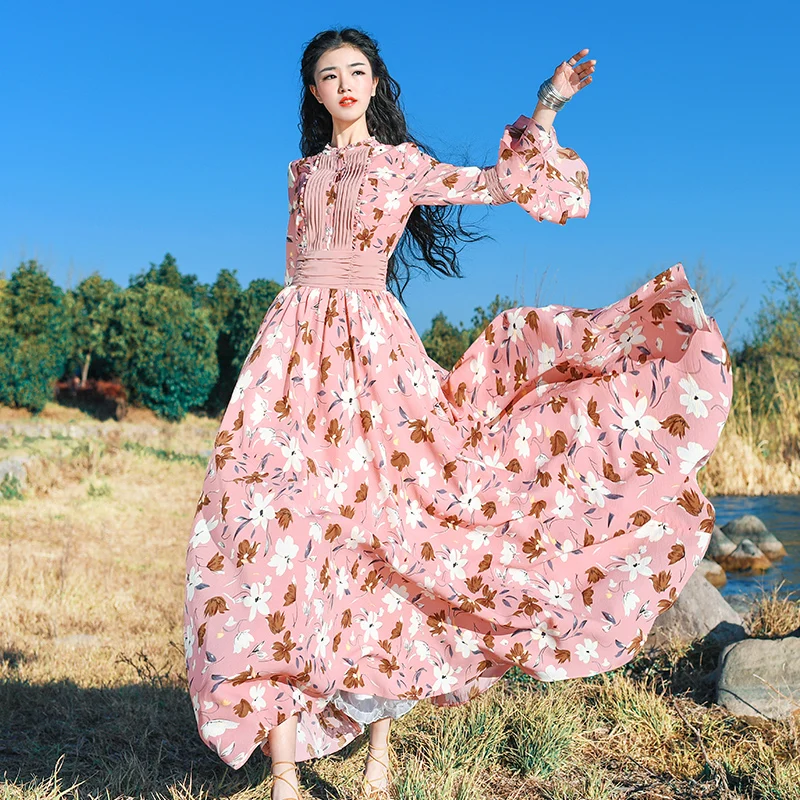 

LYNETTE'S CHINOISERIE Spring Autumn Women Slim Vintage Print Chiffon Dress
