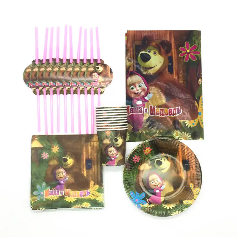

Martha Bear Theme Design Paper Tablecloth Disposable Tableware Sets Kids Birthday Family Party Decoration Supplies 81Pcs /Lot