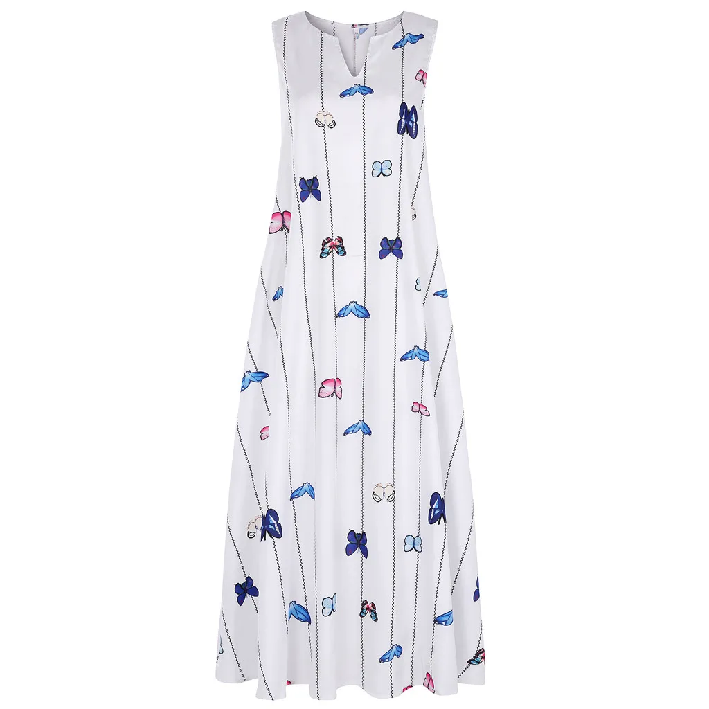 

Casual Sleeveless Maxi Dress Women Striped Butterfly Printed Dress Vintage