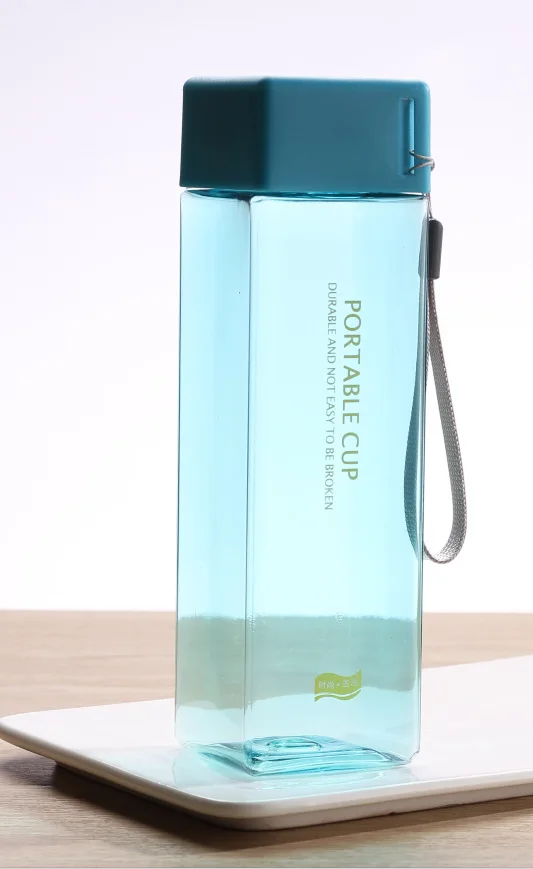 Милый квадратный чайный стакан для воды с молоком и фруктами 500 мл для бутылок с водой, прозрачный спортивный корейский стиль, термостойкий - Цвет: Blue