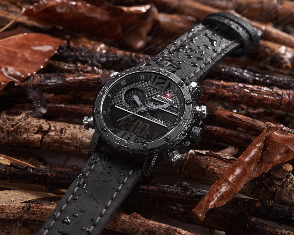 NAVIFORCE мужские s часы Лидирующий бренд роскошные оригинальные спортивные часы для мужчин кожа 30 м водонепроницаемый Miliary двойной дисплей наручные часы