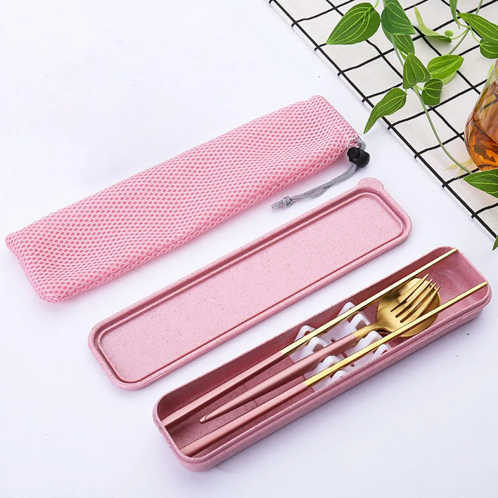 

304 Stainless Steel Tableware Set Food Chopsticks Dessert Spoon Fruit Fork 3 in 1 Students Portable Dinnerware Series