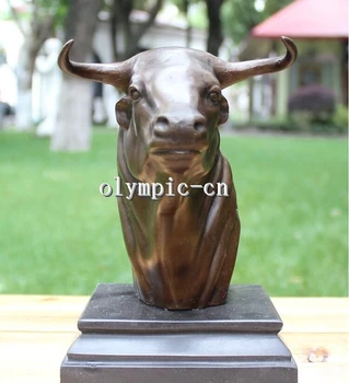 

8''Bronze Art sculpture Spanish Fighting Bull OX head statue marble base