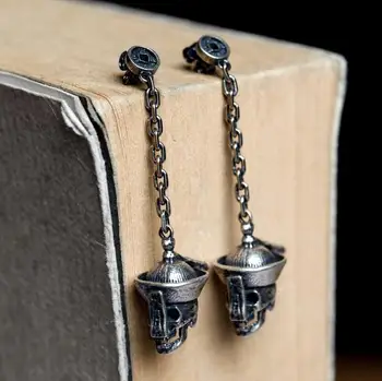 

Unique Real 925 Sterling Silver Dangle Earrings Chinese Vintage Punk Skull Long Earrings Cool Jewelry