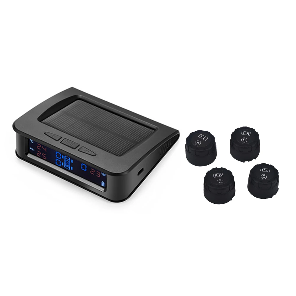 

Universal Solar Powered TPMS Car Tire Pressure Monitor System 4 External Sensor Temperature Real Time Digital Display Alarm