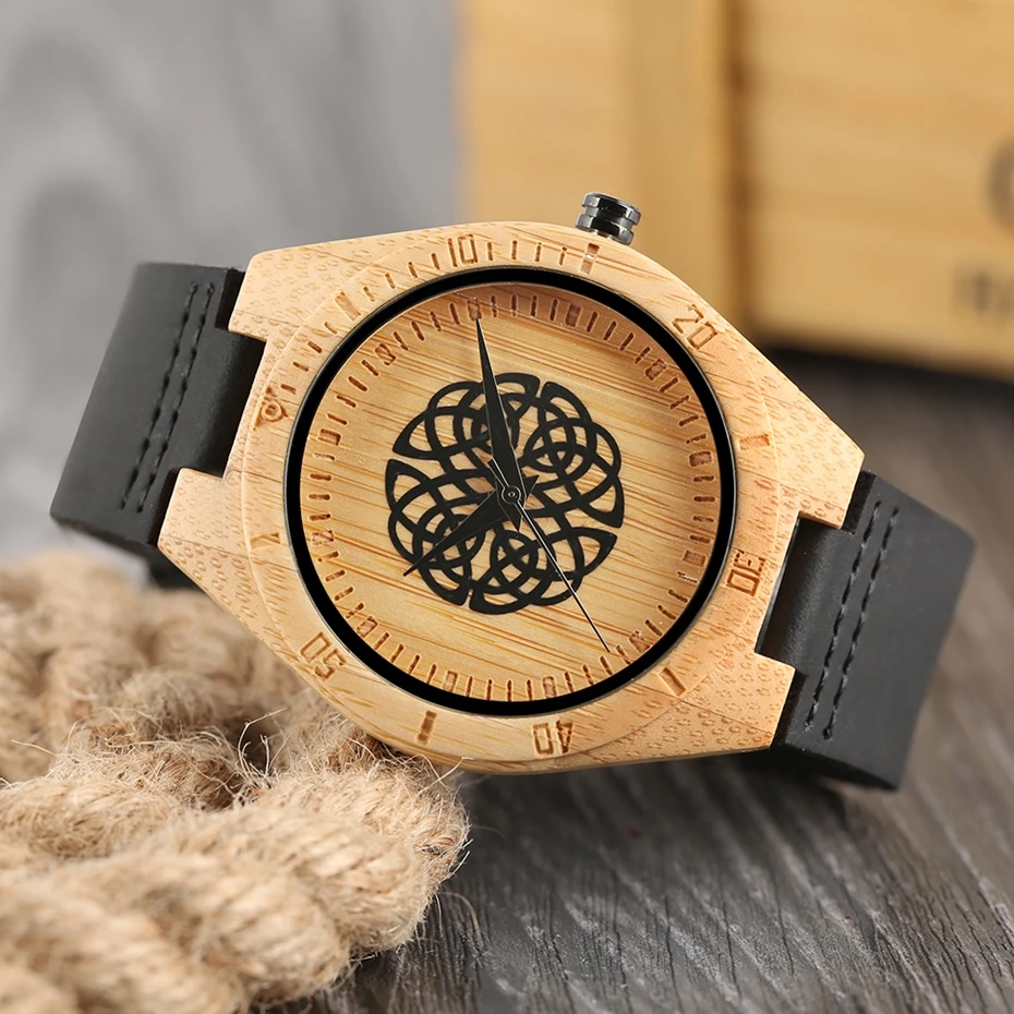 Men's Bamboo Wood Watch Casual Black Flower Spheres Design Dial Wooden Quartz Wristwatch Genuine Leather Sports Clock Gifts 2018 Women Dress Watches (9)