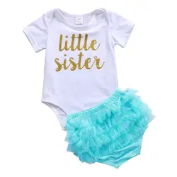Little Sister Золотой печати Комплекты детской одежды для маленьких девочек топы с короткими рукавами Комбинезоны для малышек + сетки