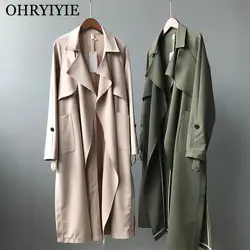 Ohryiyie бежевый/зеленый Тренч для женщин Новинка 2019 года демисезонный длинный тонкий Пиджаки Женская мода пальто для женщин с поясом
