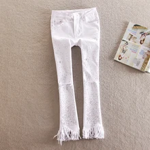 Бриллиантами джинсы Для женщин Высокая талия эластичные джинсовые узкие брюки рваные туфли-лодочки, украшенные кисточками; эластичные узкие брюки A555