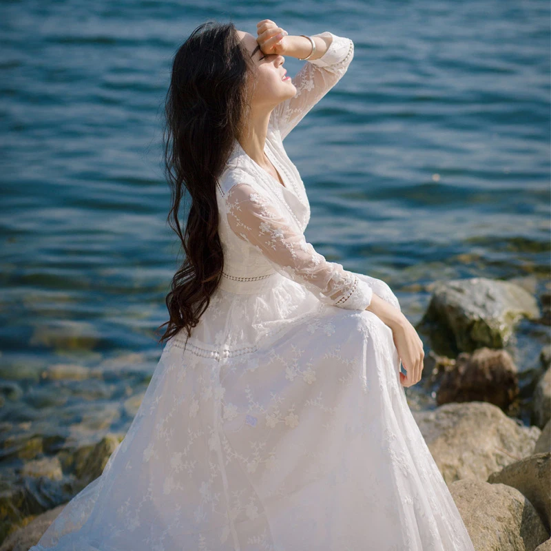 Ordifree летнее богемное женское макси платье, белое кружевное сексуальное длинное платье-туника, Пляжное платье