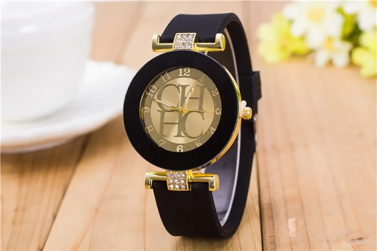 2020 Hot sale Fashion Black Geneva Casual CHHC Quartz Women watches Crystal Silicone Watches Relogio Feminino men's Wrist Watch