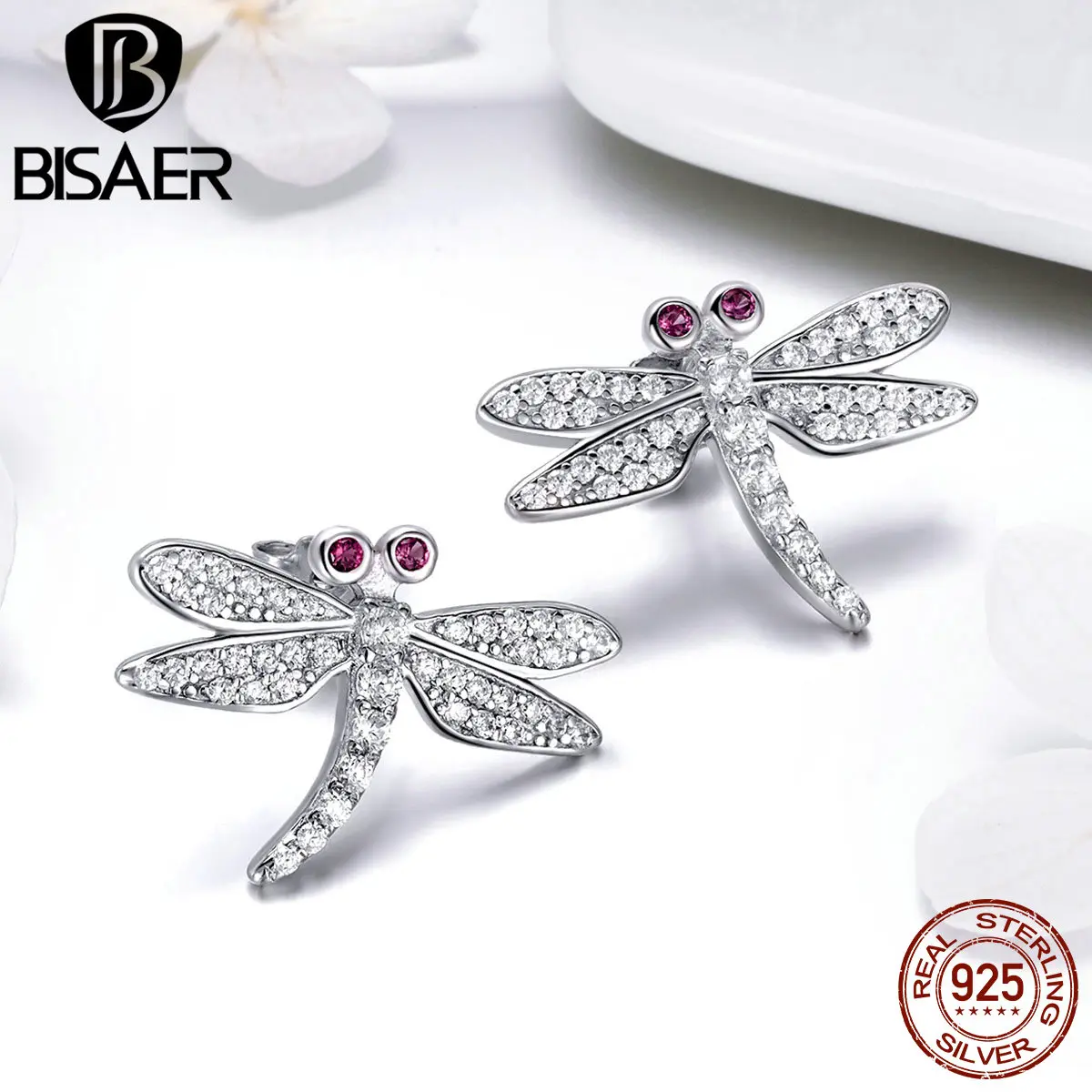 BISAER 925 пробы серебряные серьги стрекозы ослепительные CZ Стрекоза штифт с насекомым серьги для женщин модные серьги EFE005