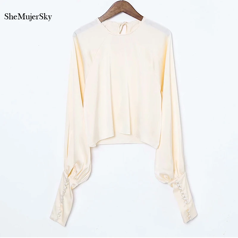 

SheMujerSky Satin Blouse Women Beige Long Sleeve Vintage Short Tops 2019 Shirts chemisier femme