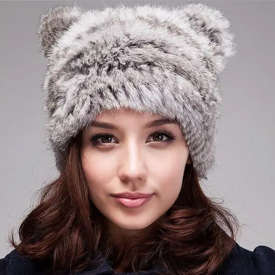 

2017 new top Genuine Rabbit Fur Hat Cute Student Winter Hat Cat Ear Cap Real Fur Knitting Rabbit Skullies Beanies Women Hats
