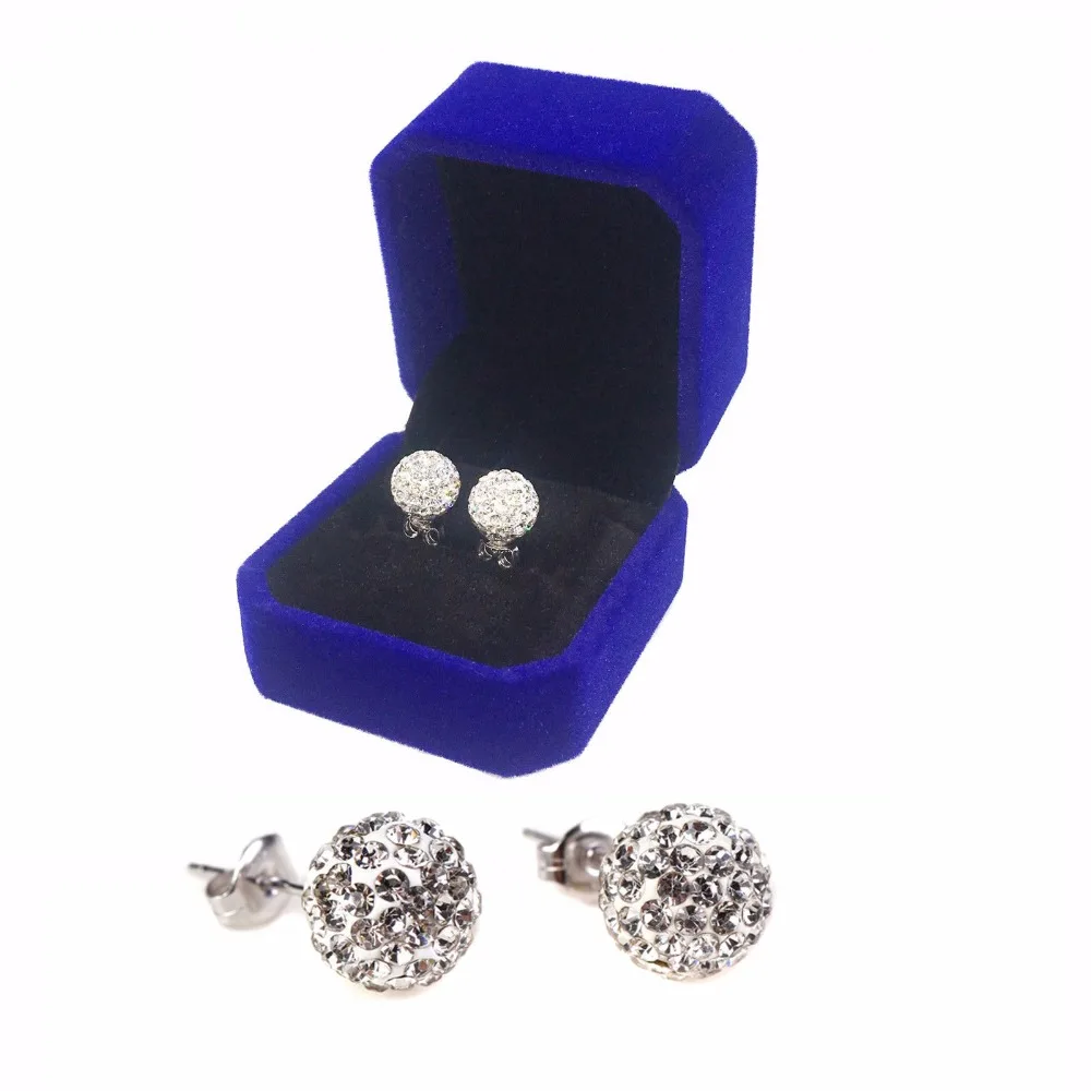 

1 pair Earrings 925 Silver Holder 10mm Crystal Rhinestone White Clay Beads With Jewelry Box