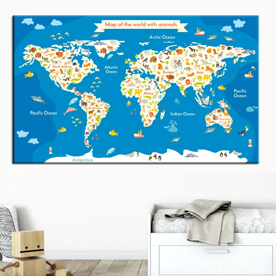 

Map Of The World With Animals Ocean Nursery Wall Art Canvas Painting Nordic Posters And Prints Wall Pictures For Kids Room Decor