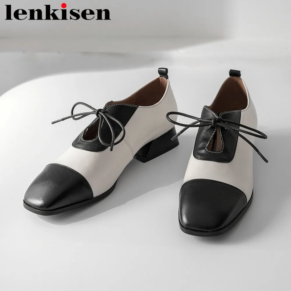 

Lenkisen 2019 original design mixed colors natural leather low heels square toe lace up simple style dating vintage pumps L71