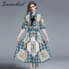 Женское дизайнерское длинное платье с бантом, модельное элегантное клетчатое платье с винтажным принтом, рукавом до локтя и украшенным стразами бантом, лето