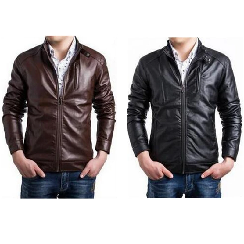 Men's Fashion Vintage Stand Collar Pu Leather Jacket Turn