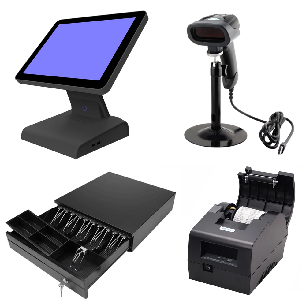 15 بوصة الكل في واحد اللمس POS نظام شاشة اللمس POS نظام ماكينة تسجيل المدفوعات النقدية مع طابعة حرارية درج للنقود و الباركود ماسحة