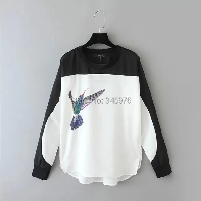 

Brand Design 2015 za women casual round collar black and white patchwork blouse retro birds print pullover cheap shirt blusas