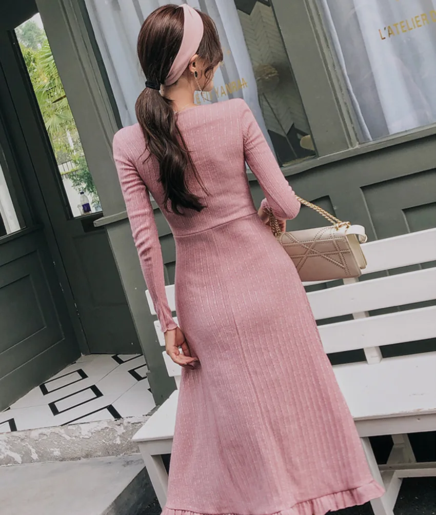 HAMALIEL, модное Розовое женское бальное платье, платье-свитер, Осень-зима, вязанное повседневное облегающее Мягкое платье с v-образным вырезом и оборками