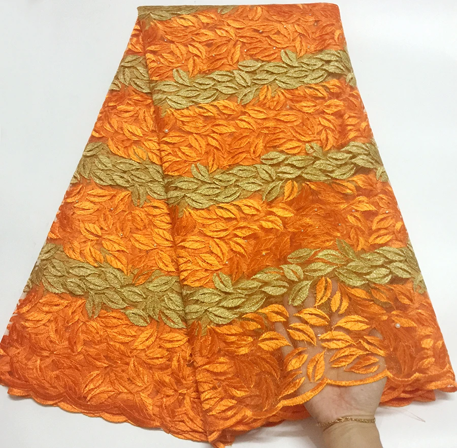 

Fashion Lace Fabric High Quality Orange and gold African Tulle Lace Fabric New Arrival Nigerian Lace Fabrics For Wedding Dress