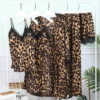 

Sexy Leopard 5 Piece Pajama Sets Women 2019 Fashion Spring Summer Satin Lace Sleepwear Set Pijama Nightie Home Clothes