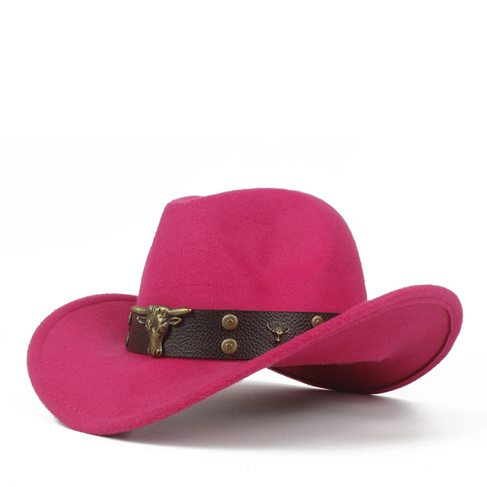 Крутая Детская шерстяная открытая западная ковбойская шляпа с откатными полями для мальчиков и девочек, Outblack Sombrero Hombre, джаз шляпа, размер 52-54 - Цвет: Rose red
