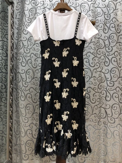 fashion new women's short T-shirt strap embroidery spell lace two-piece runway lady elegant dress sundresses with T-shirt