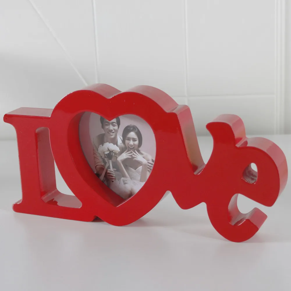 Red Love Wooden Photo Frame Wood Heart Shape Picture Frames For Gifts