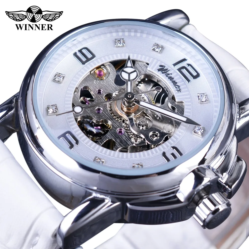 T-WINNER Fashion Ladies Women Business Watch Top Brand Luxury White Skeleton Transparent Case Automatic Mechanical Watches