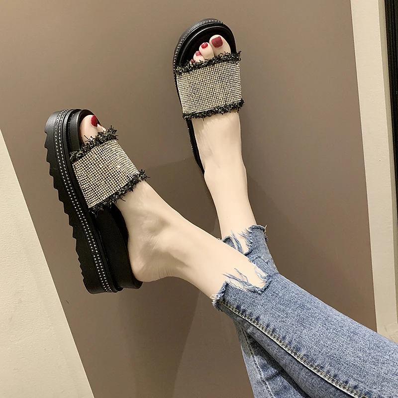 

On A Wedge Slippers Heels Glitter Slides Beach Women Platform Bling Bling Women's Shoes 2019 High Crystal