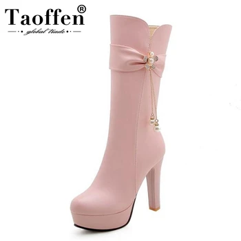 

TAOFFEN 4 Color Size 33-43 Women Platform Boots High Heels Winter Warm Fur Shoes Mid Calf Bead Flower Zipper Designer Shoes