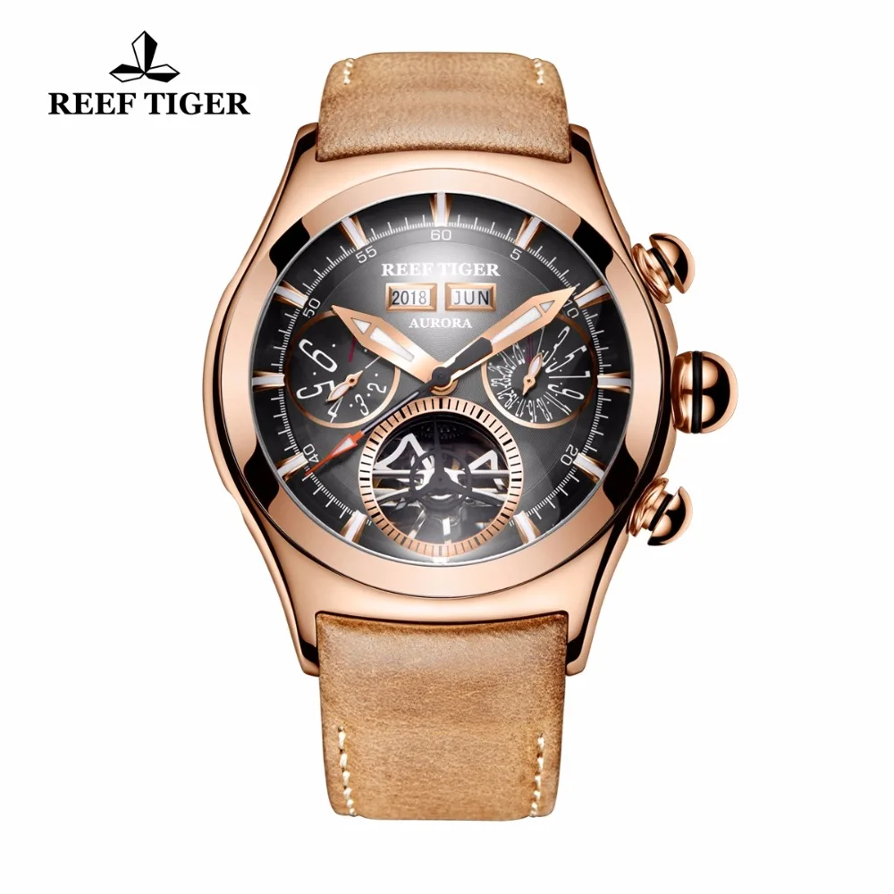 Reef Tiger/RT Luxury Brand Automatic Watches for Men Rose Gold Luminous Tourbillon Watches Genuine Leather Strap RGA7503 Reef Tiger/RT Luxury Brand Automatic Watches for Men Rose Gold Luminous Tourbillon Watches Genuine Leather Strap RGA7503