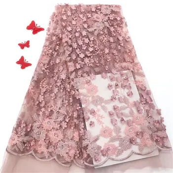 

New Style 3D Flower Applique Grid Embroidered African Net Lace Fabric Beaded 3D Voile Lace Senegal Wedding Beads Laces Material
