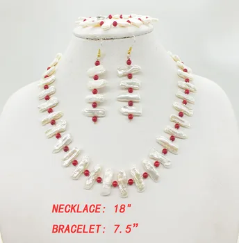 

NEW Artists Genuine Biwa Baroque White Stick Pearl and Red Coral, bracelet, earrings. Necklace, Impressive Women's Jewelry Set