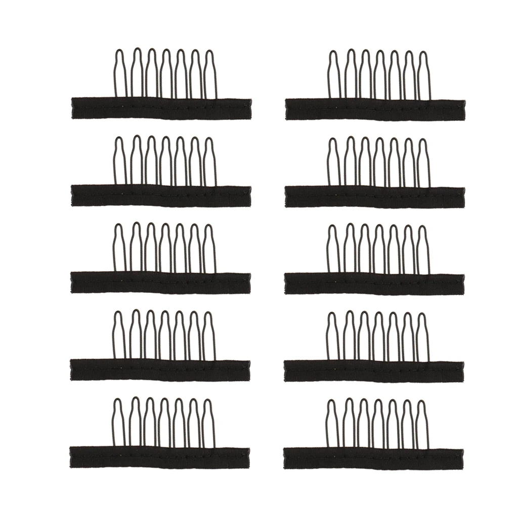 10pcs New 7 Teeth Wig Combs Steel Tooth Comb for Wig Caps Lace Cap Black Portable Stainless steel & Fabric