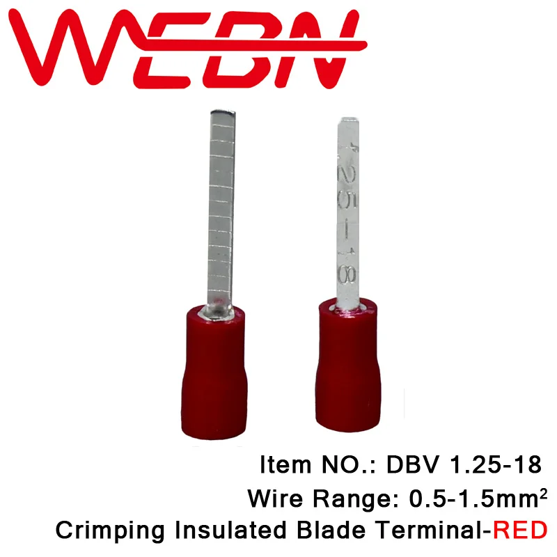 

DBV1.25-18 Crimping Insulated Blade Terminal Copper&PVC Material Red for Wire Range 0.5-1.5mm2 22-16 AWG 1000pcs/Pack