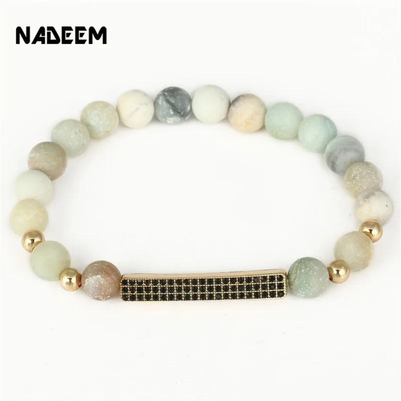 

NADEEM Fashion Micro Pave Black CZ Crystal Charm Bracelet Natural Amazonite Stone Bead Elastic CZ Bar Bracelets Bangle For Women