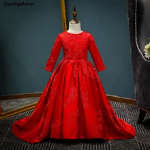 Red Satin Lace Flower Girl Dresses 2018 Long Sleeve Pageant Gowns For Little Girls First Communion Dress Kids Prom Dresses lovely lace flower girl dresses hi low jewel neck pink long sleeve pageant dresses fluffy tiered satin girls pageant dress