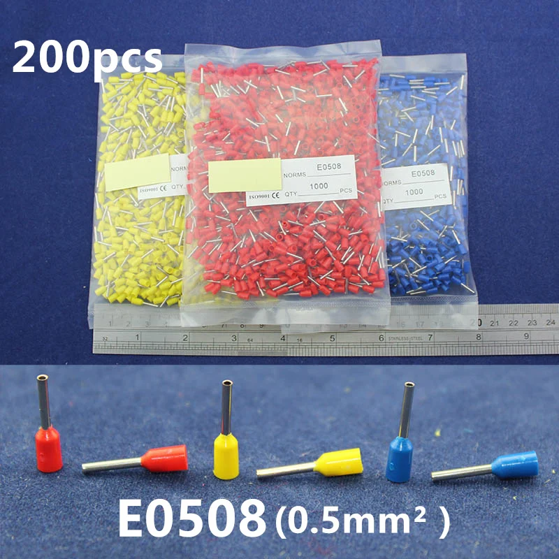 

200Pcs Cord End Copper Tube Connectors Insulated Cord Pin End Crimp Terminals Bootlace Ferrules E0508 for 20-22awg wire