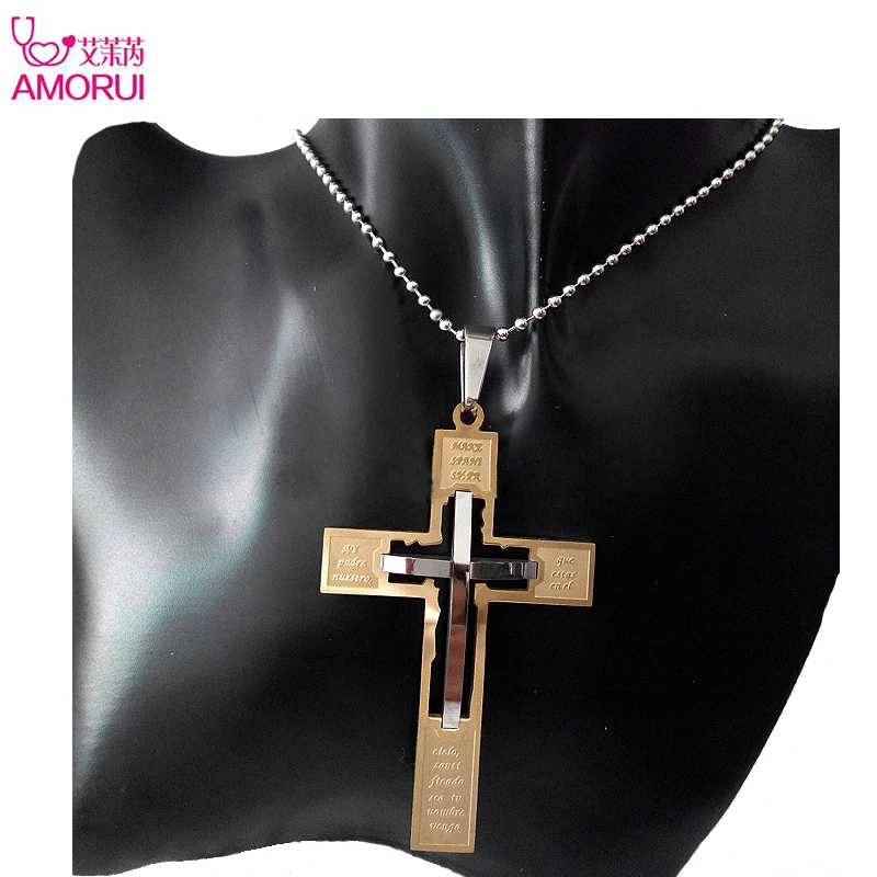 AMORUI Men's Stainless Steel Jesus Cross Statement Pendant Necklace Jewelry Gold +Silver Pray Words Necklaces Pendants for Women