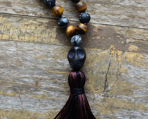 Men Necklace 8MM Matte Tiger Eye Stone with Skull Tassel Necklace Mens Rosary Necklace New Punk Man Jewelry Dropshipping - Image 4